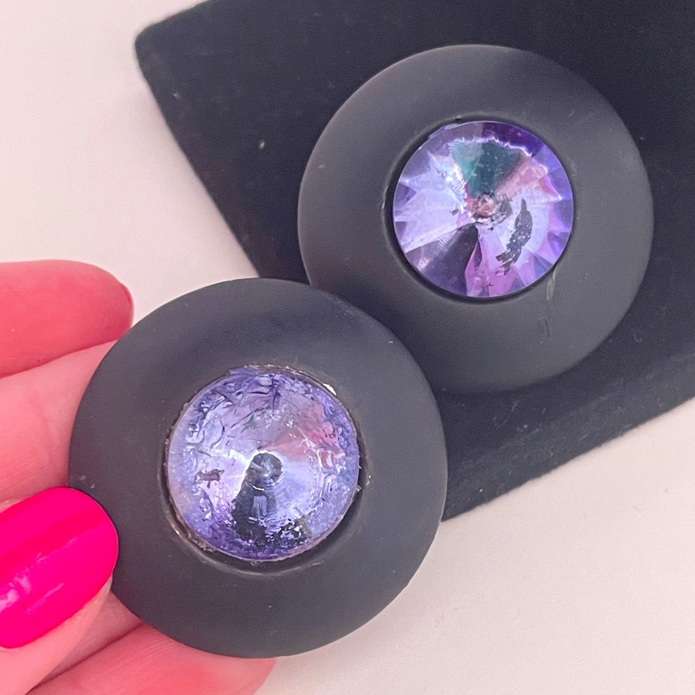 Vintage Matte Black Purple Rhinestone Prom Party Oversized Statement Earrings